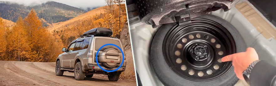 Старое запасное колесо внедорожника и компактная докатка в багажнике авто