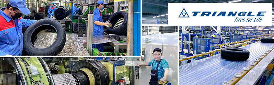 Производство шин Triangle: заводские цеха и логотип бренда