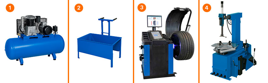 Оборудование для шиномонтажа: компрессор, ванна для проверки герметичности, балансировочный стенд и монтажный станок