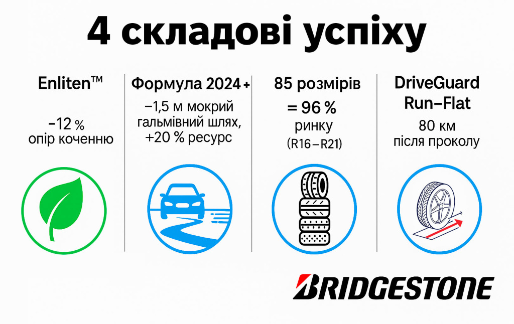 4 ключевые технологии Turanza AS6 — залог успеха модели Инфографика «4 составляющих успеха» Bridgestone: Enliten, формула 2024+, 85 размеров, DriveGuard