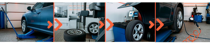 Этапы шиномонтажа: подъём авто, снятие шины, балансировка, установка колеса, проверка давления — фото сервиса
