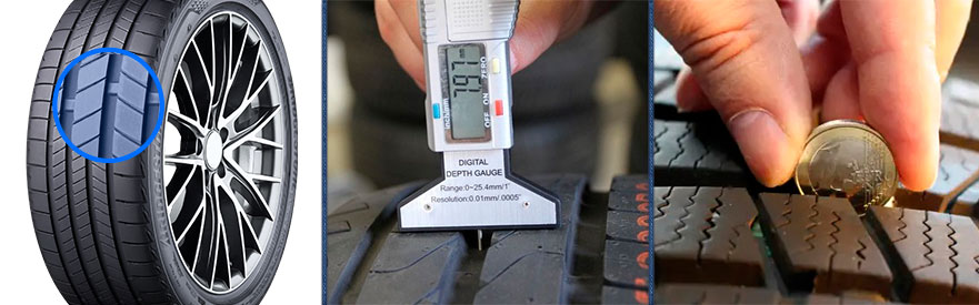 Измерение глубины протектора монетой, цифровым глубиномером и визуально по индикаторам износа