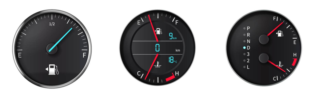 Три типа одометров с указателями уровня топлива, температуры двигателя и пробега — пример для анализа расхода топлива